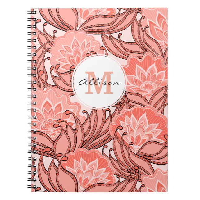Cuaderno Patrón floral de corales vibrante monogramado (Frente)