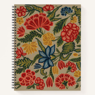 Cuaderno Patrón Floral de Crewel Rojo y Dorado Vintage