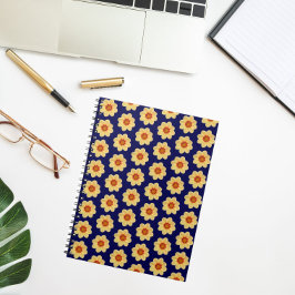 Cuaderno Patrón floral de Dahlia amarillo en azul