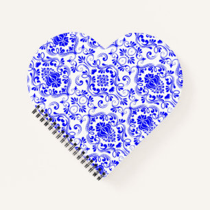 Cuaderno Patrón floral de Damasco azul y blanco elegante