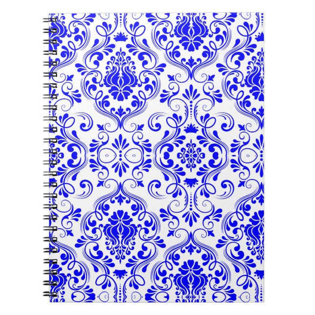 Cuaderno Patrón floral de Damasco azul y blanco elegante (Frente)