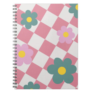 Cuaderno Patrón floral de gingham rosa – Flor retro adorabl