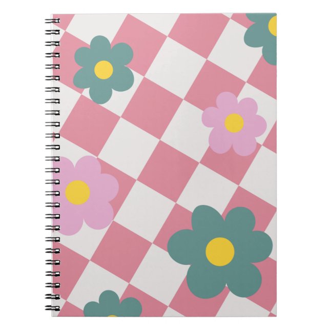Cuaderno Patrón floral de gingham rosa – Flor retro adorabl (Frente)