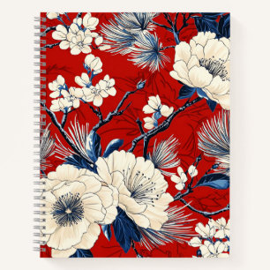 Cuaderno Patrón Floral de Invierno de Peonía Índigo Carmesí