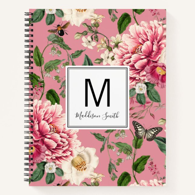 Cuaderno Patrón floral de jardín de campo monocromático ros (Anverso)