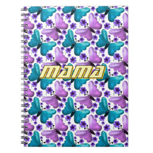 Cuaderno Patrón floral de mariposa personalizado en azul ve