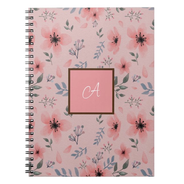 Cuaderno Patrón floral de monograma rosa Viñeta Boho simple (Frente)