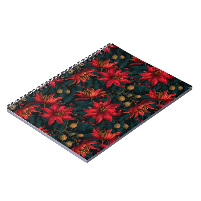 Cuaderno Patrón Floral de Navidad Rojo Oscuro (Lado Izquierdo)