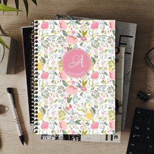 Cuaderno Patrón floral de nombre de monograma elegante pers