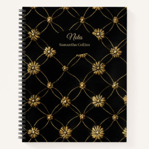 Cuaderno Patrón floral de oro de lujo sobre fondo negro