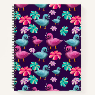 Cuaderno Patrón floral de pato lindo Kawaii rosa y azul 
