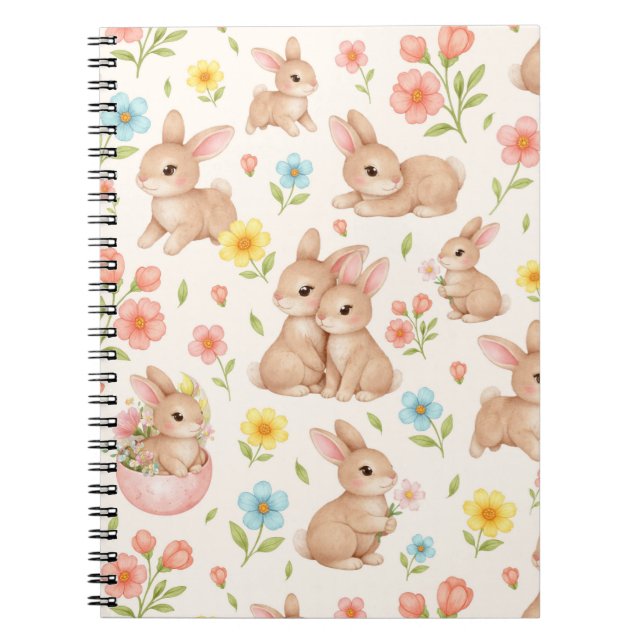 Cuaderno Patrón Floral de Primavera de Conejito Adorable (Frente)