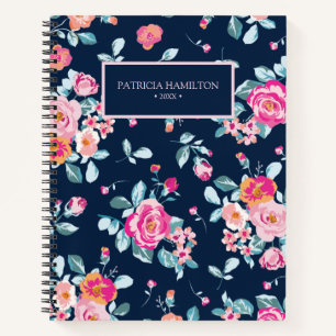 Cuaderno Patrón floral de rosas rosadas vibrantes