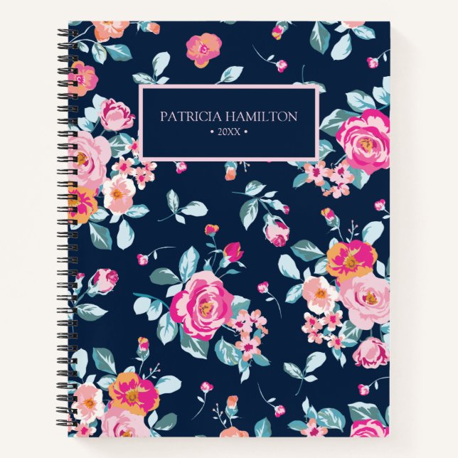 Cuaderno Patrón floral de rosas rosadas vibrantes (Anverso)