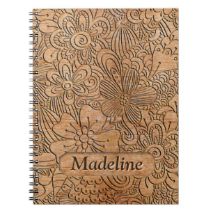 Cuaderno Patrón floral de tallado de madera Personalizado