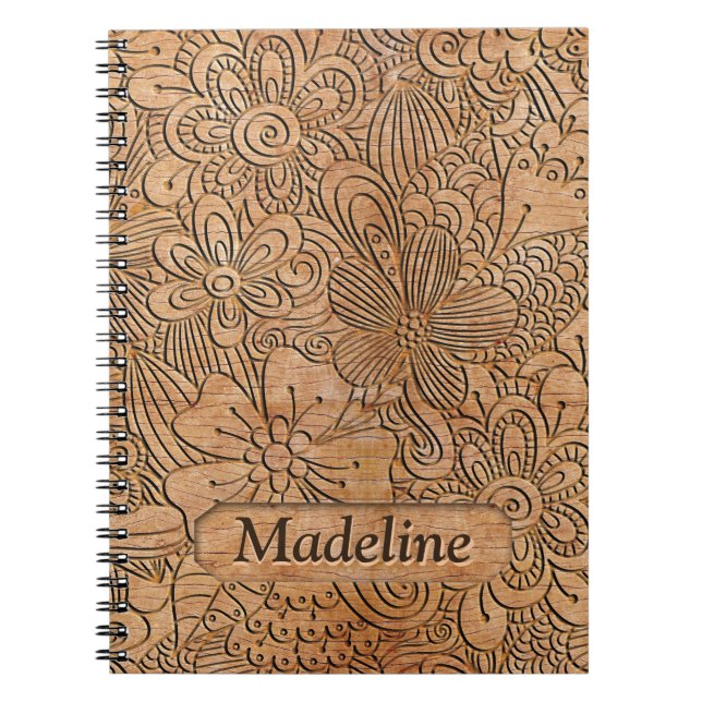 Cuaderno Patrón floral de tallado de madera Personalizado (Frente)