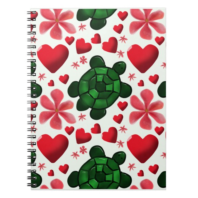 Cuaderno Patrón Floral de Tortuga Adorable | Flores Rojas C (Frente)