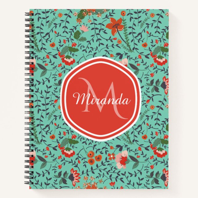 Cuaderno Patrón floral en monograma Verde azulado y Naranja (Anverso)