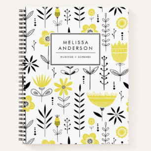 Cuaderno Patrón floral escandinavo negro y amarillo