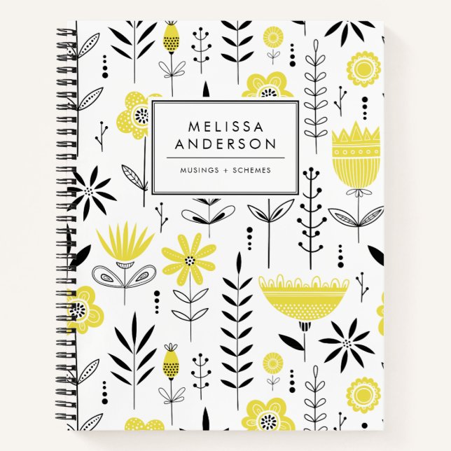 Cuaderno Patrón floral escandinavo negro y amarillo (Anverso)