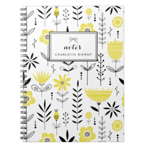 Cuaderno Patrón floral escandinavo negro y amarillo