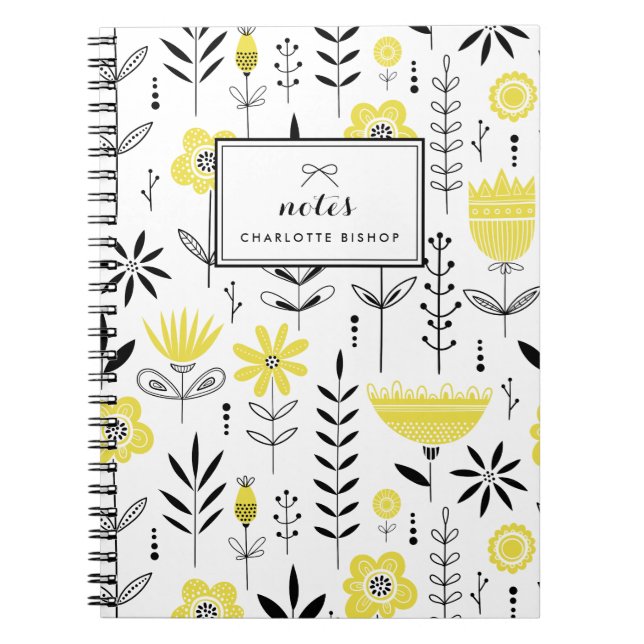 Cuaderno Patrón floral escandinavo negro y amarillo (Frente)