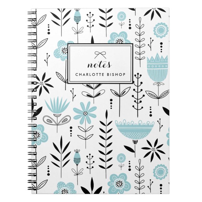 Cuaderno Patrón floral escandinavo negro y azul (Frente)