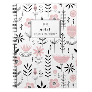 Cuaderno Patrón floral escandinavo negro y rosa