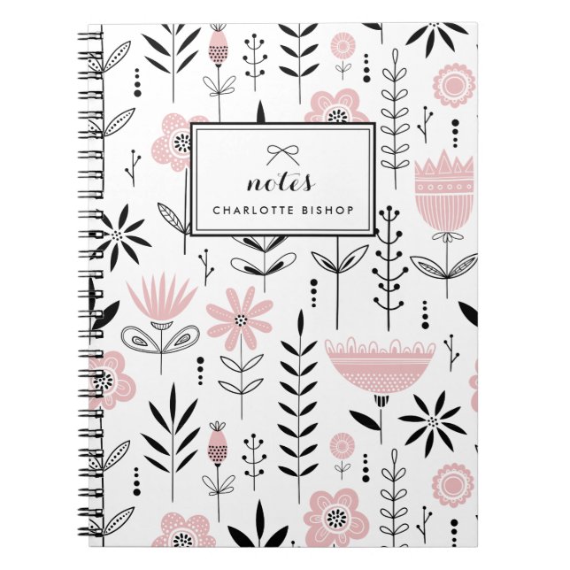 Cuaderno Patrón floral escandinavo negro y rosa (Frente)