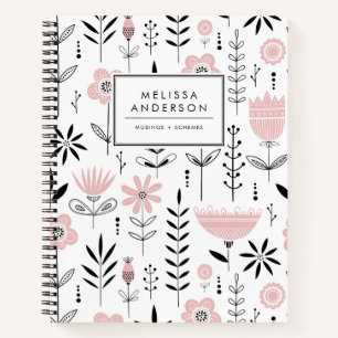 Cuaderno Patrón floral escandinavo negro y rosa