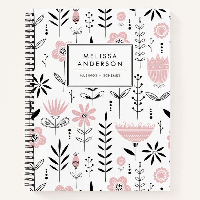 Cuaderno Patrón floral escandinavo negro y rosa (Anverso)