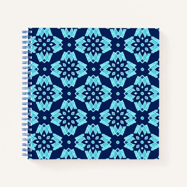 Cuaderno Patrón floral geométrico azul elegante (Anverso)