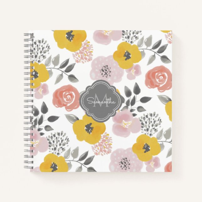 Cuaderno Patrón floral mixto brillante con su monograma (Anverso)
