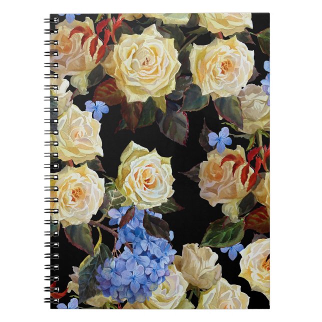 Cuaderno Patrón floral moderno, rosas blancas, hidrangea az (Frente)