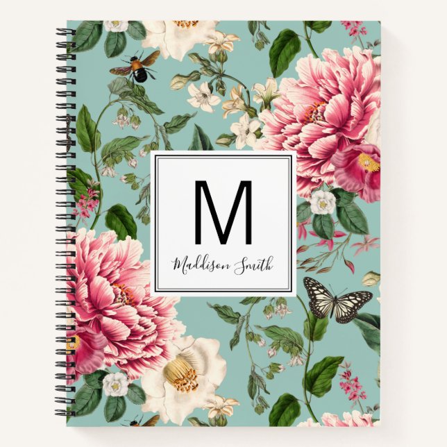 Cuaderno Patrón floral Monogramado Mint Country Garden (Anverso)