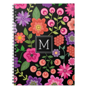 Cuaderno Patrón floral negro de moda con monograma Personal