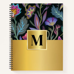 Cuaderno Patrón floral negro inicial Feminiente Oro elegant