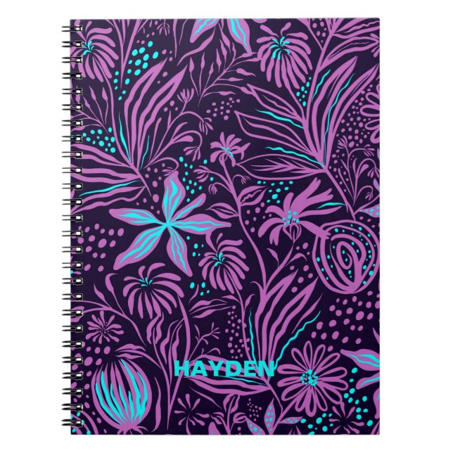 Cuaderno Patrón floral negro oscuro moderno personalizado (Frente)