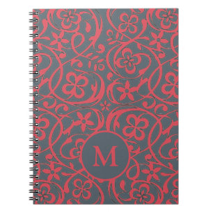 Cuaderno Patrón floral ornamentado en monograma rosa y gris