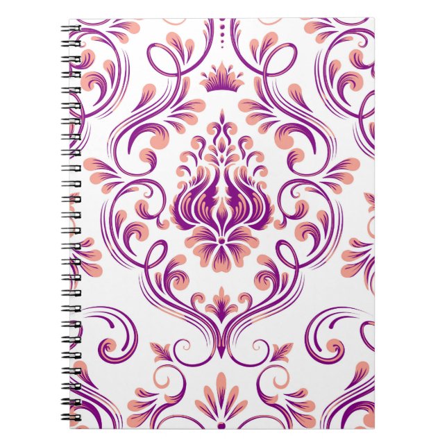 Cuaderno Patrón floral Peach y Purple Damask Elegante (Frente)