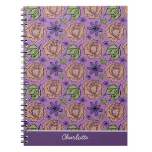 Cuaderno Patrón floral púrpura gran flor con nombre