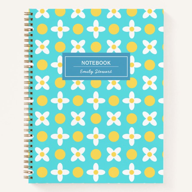 Cuaderno Patrón floral retro azul turquesa personalizado (Anverso)