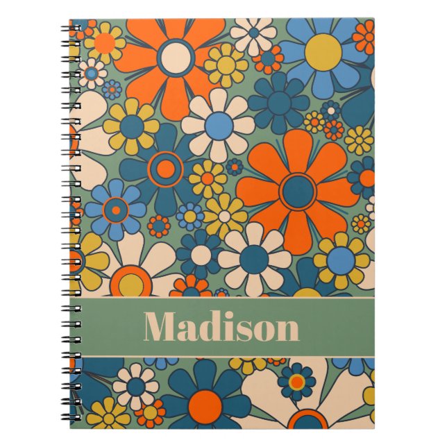 Cuaderno Patrón floral retro Groovy 70 personalizado (Frente)