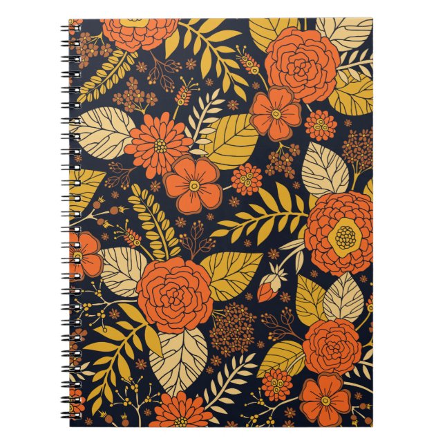 Cuaderno Patrón floral retro Naranja, amarillo, marrón y ma (Frente)