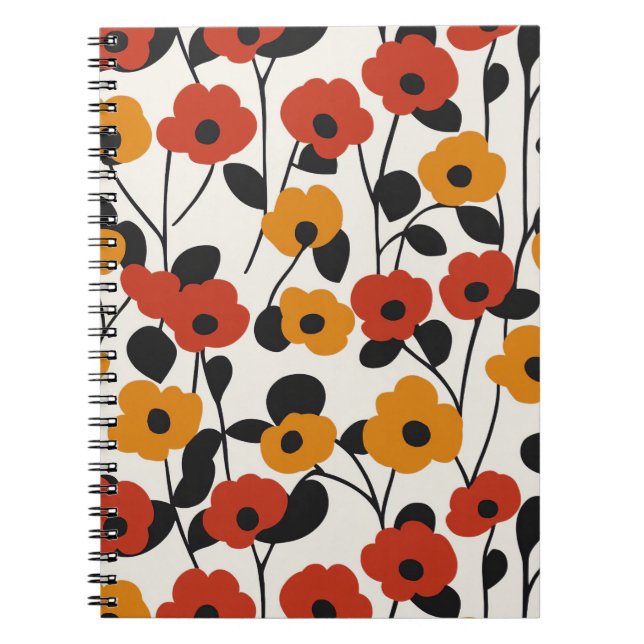 Cuaderno Patrón floral retro negrita rojo, Naranja y negro (Frente)