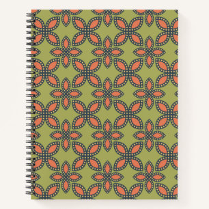 Cuaderno Patrón floral retro verde y Naranja abstracto