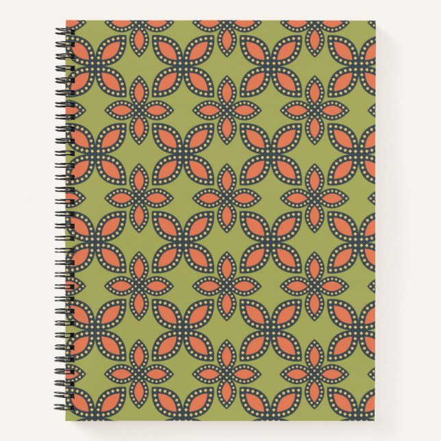 Cuaderno Patrón floral retro verde y Naranja abstracto (Anverso)