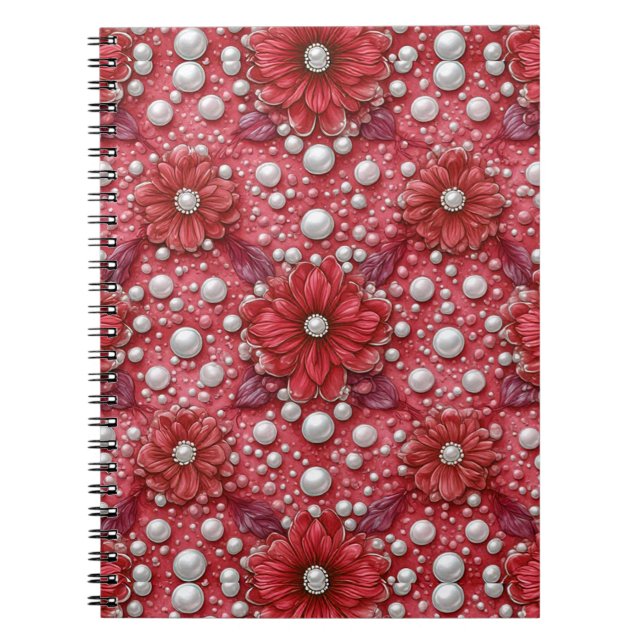 Cuaderno Patrón floral rojo con acentos de perla (Frente)