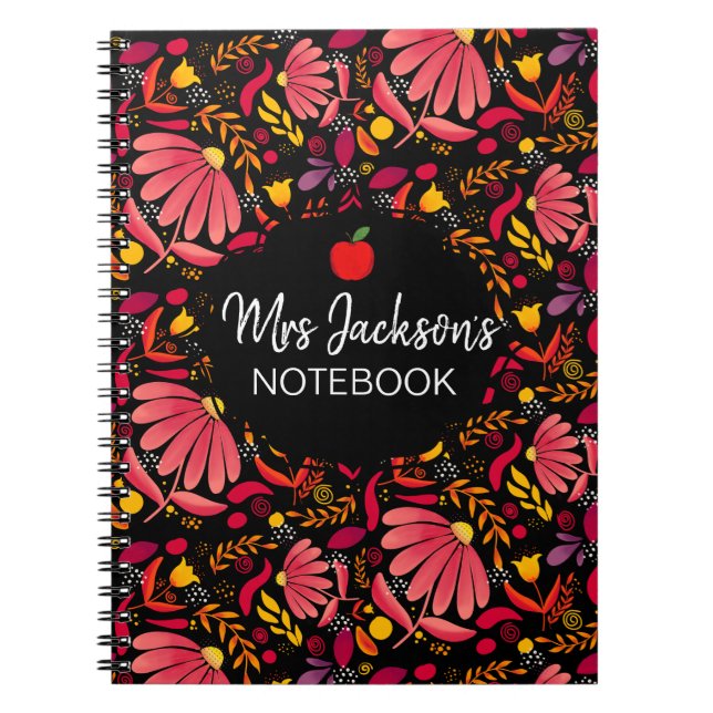 Cuaderno patrón floral rojo y negro del profesor (Frente)