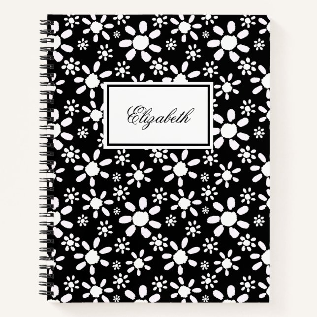 Cuaderno Patrón floral simple de flores blancas y negras (Anverso)